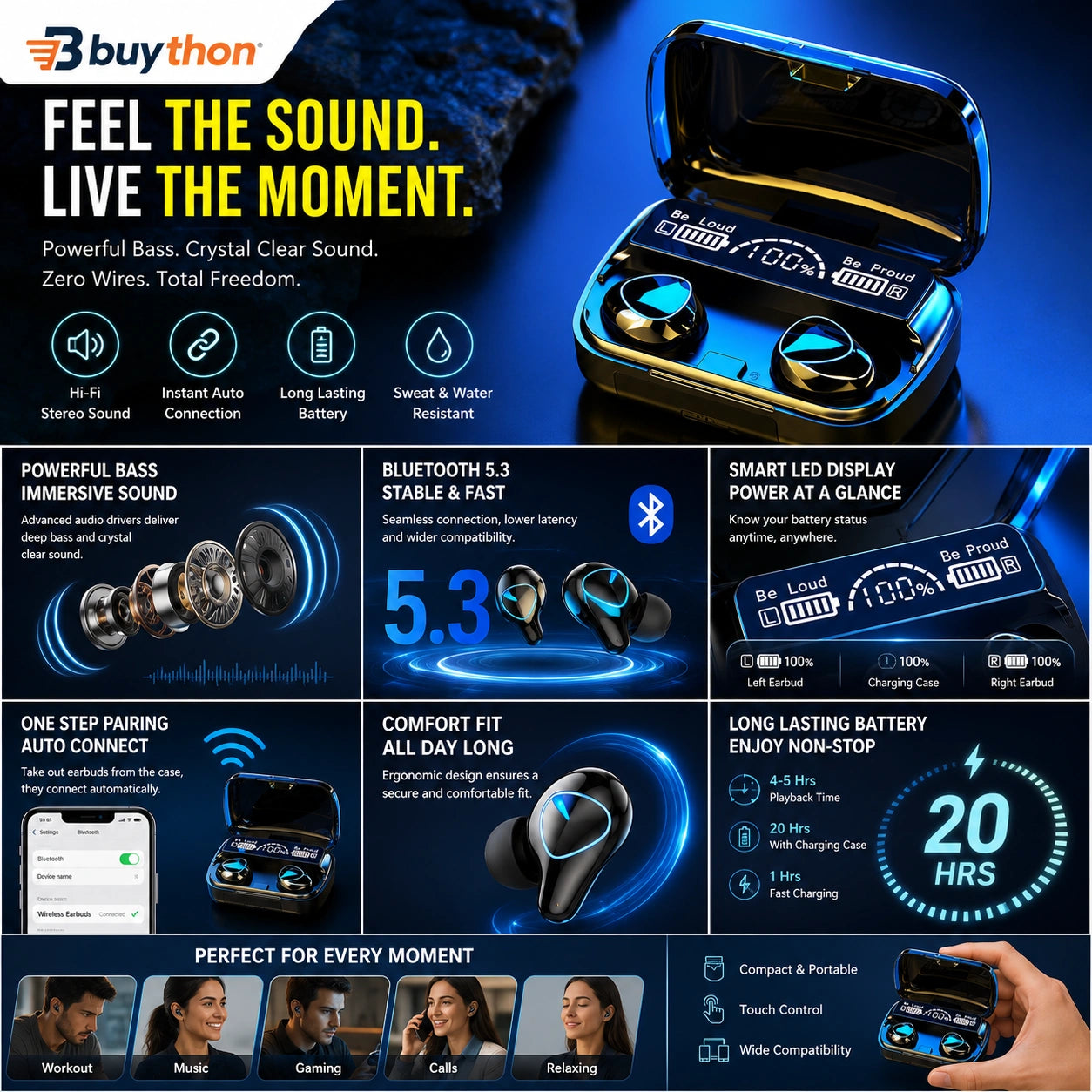 Buython AirBass Wireless Bluetooth Earbuds