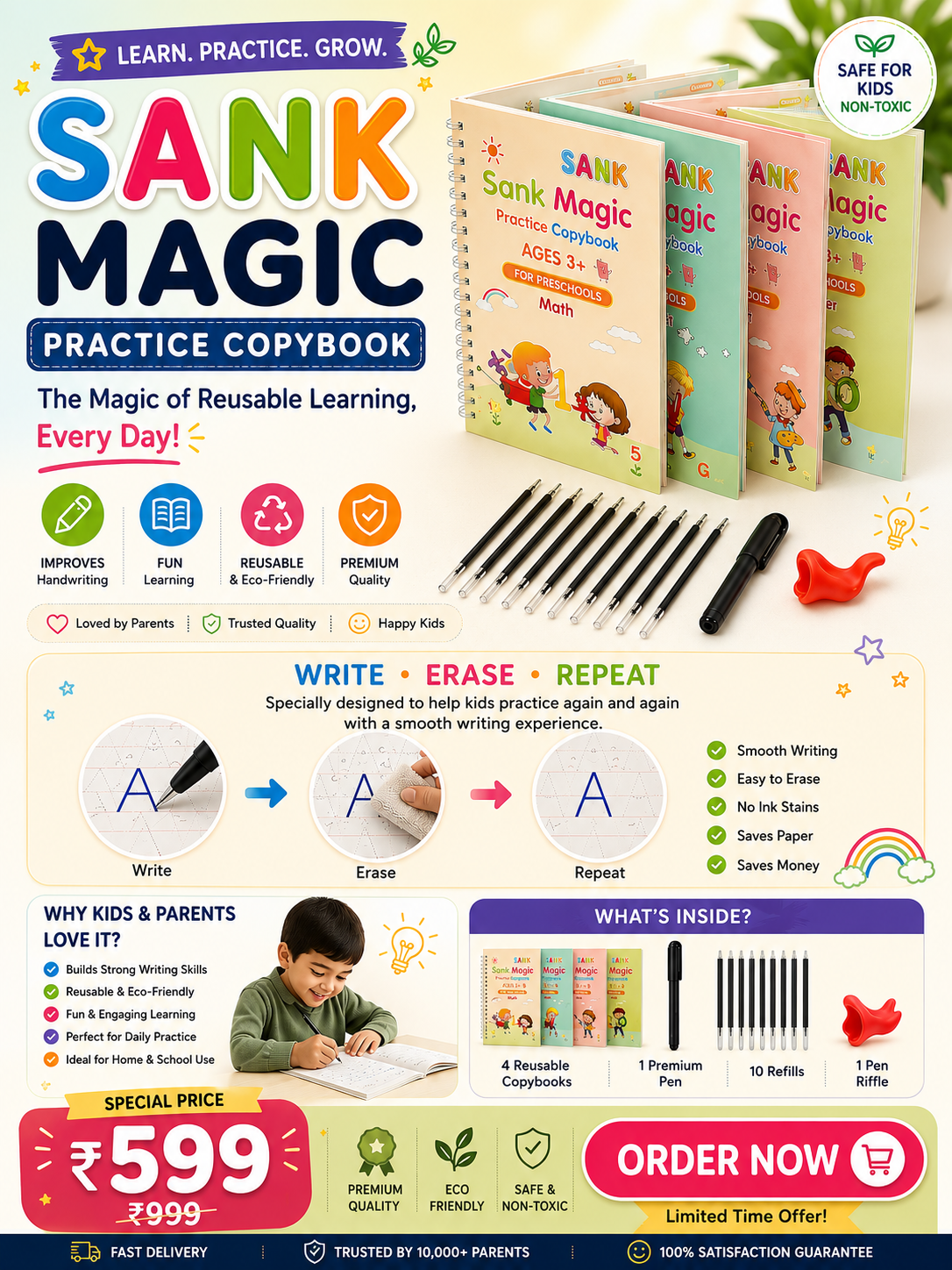 ๐ Magic Reusable Copybook Set (Pack of 4) โ Smart Learning, Endless Practice | Free Pen & Refills | Only โน599