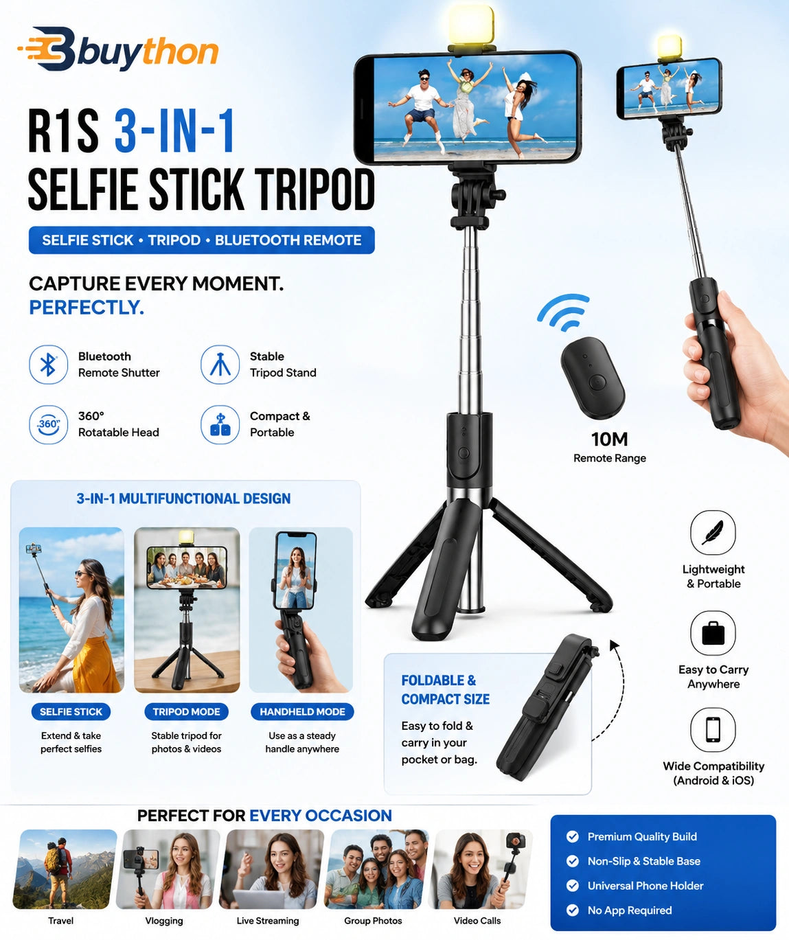 Buython SnapPro 3-in-1 Selfie Stick Tripod