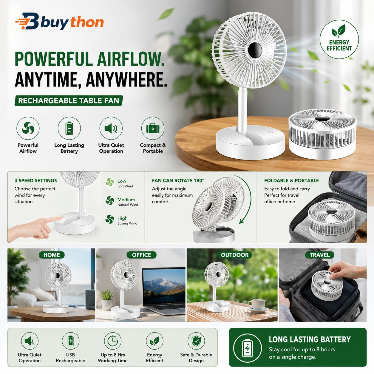 Buython BreezePro Rechargeable Portable Table Fan