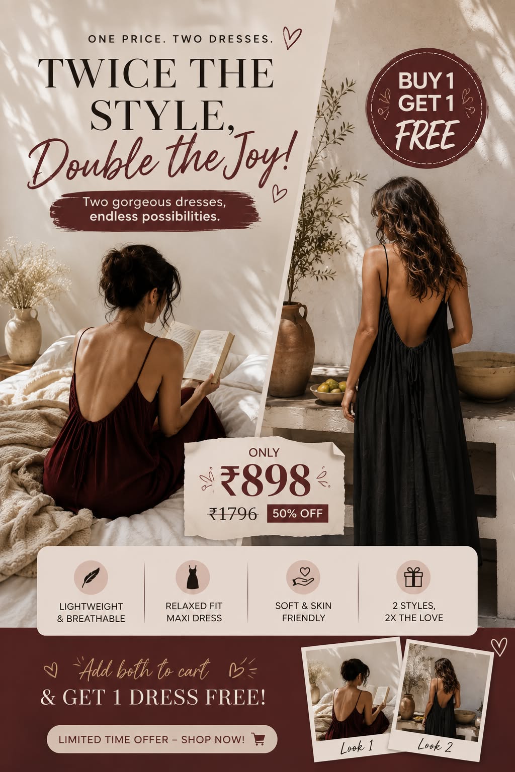 🌸 Adjustable Open Back Maxi Dress for Women | Buy 1 Get 1 FREE | Summer Collection | Only ₹898