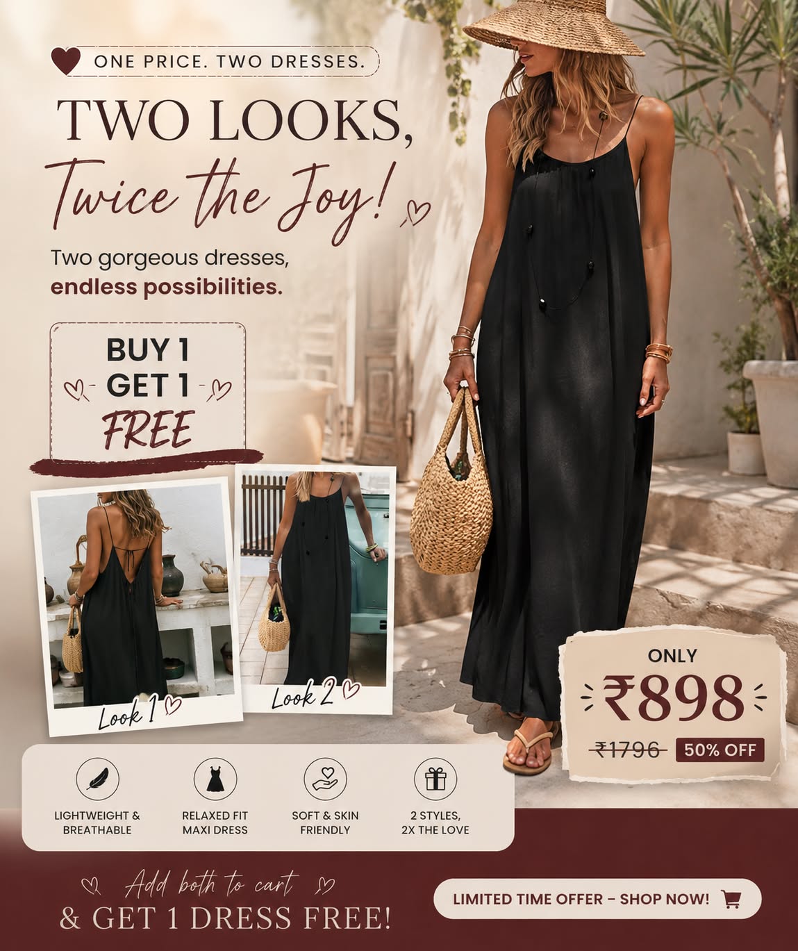🌸 Adjustable Open Back Maxi Dress for Women | Buy 1 Get 1 FREE | Summer Collection | Only ₹898